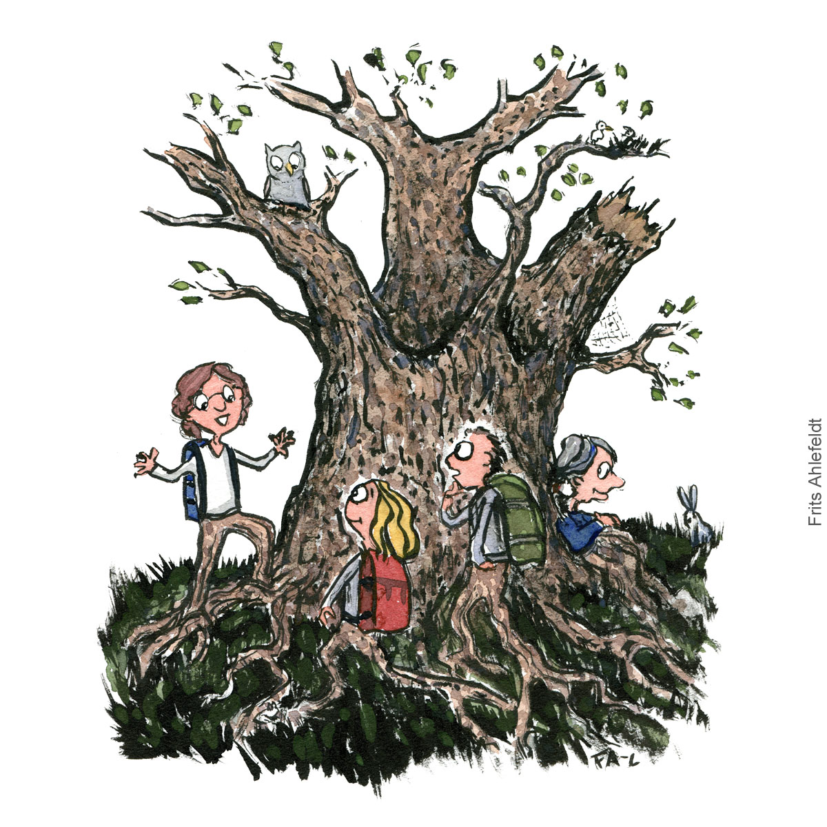 Tegning af underviser ved træ og en gruppe elever omkring. Illustration af Frits Ahlefeldt